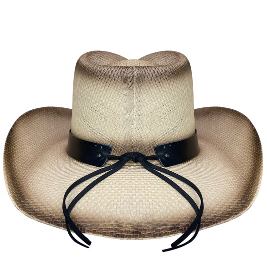 Straw cowboy hat with American flag band facing behind.