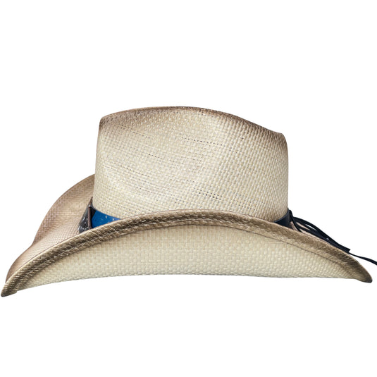 Side-view of a straw cowboy hat with American flag band.