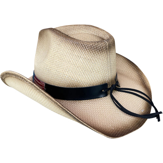 View of a straw cowboy hat with American flag band from behind facing left.