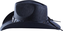Load image into Gallery viewer, Side-view of a black straw cowboy hat.

