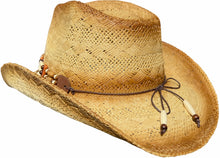 Load image into Gallery viewer, View of beige straw cowboy hat with blue bead from behind facing left.
