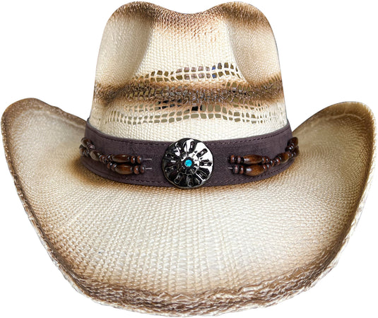 Beige straw cowboy hat with circular bead facing front.