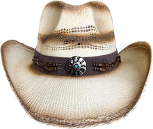 Load image into Gallery viewer, Beige straw cowboy hat with circular bead facing front.
