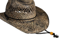 Load image into Gallery viewer, View of a brown straw cowboy hat from behind facing left.
