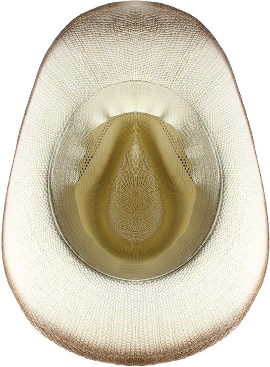 View of a beige straw cowboy hat from the bottom.