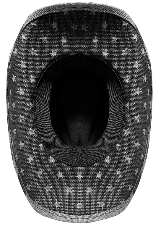 View of a black and white American flag cowboy hat from the bottom.