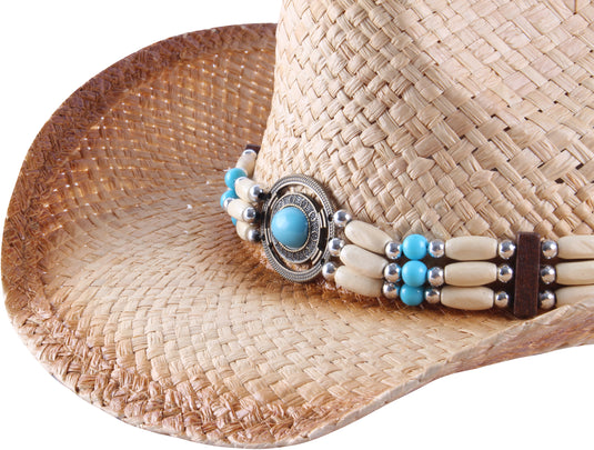 Close-up view of circular bead on a straw cowboy hat.