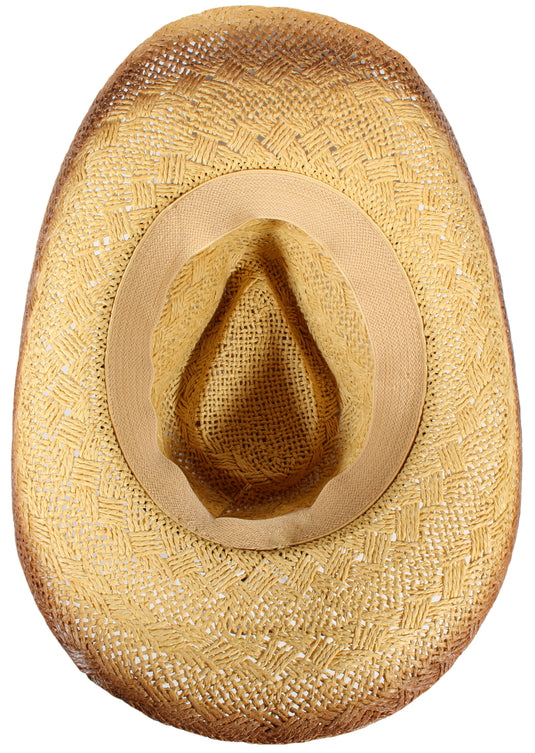 View of a straw cowboy hat with a red band from the bottom.