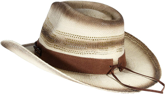 View of a beige straw cowboy hat from behind facing left.