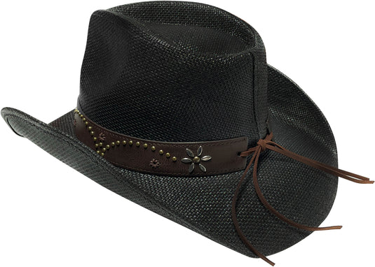 View of a black straw cowboy hat from behind facing left.