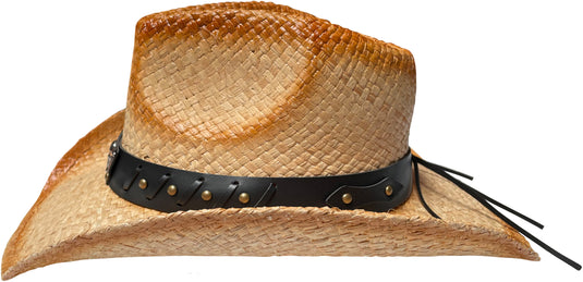 Side-view of a brown straw cowboy hat.