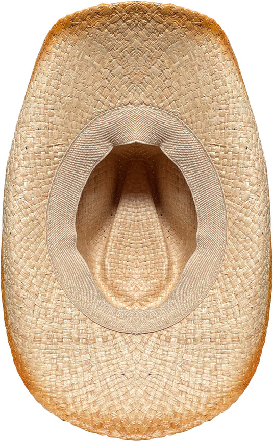 View of a brown straw cowboy hat from the bottom.