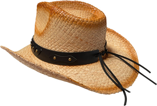 View of a brown straw cowboy hat from behind facing left.