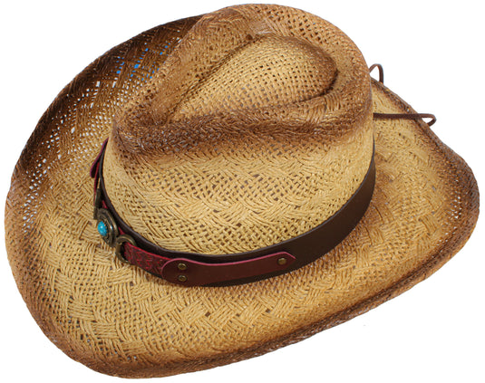 View of a straw cowboy hat with a red band from the top facing left.