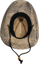 Load image into Gallery viewer, View of a brown straw cowboy hat from the bottom.
