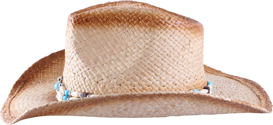 Side-view of straw cowboy hat with circular bead.