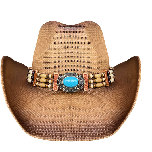 Brown cowboy hat with blue bead facing front.