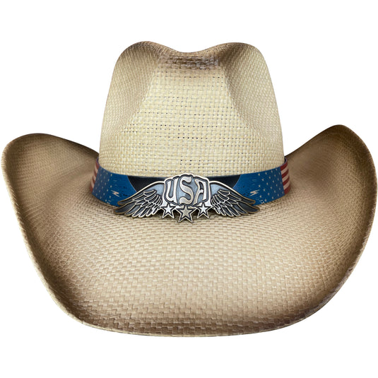 Straw cowboy hat with American flag band facing front.