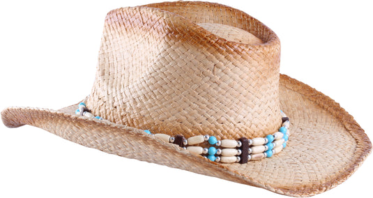 View of a straw cowboy hat with circular bead from behind facing left.