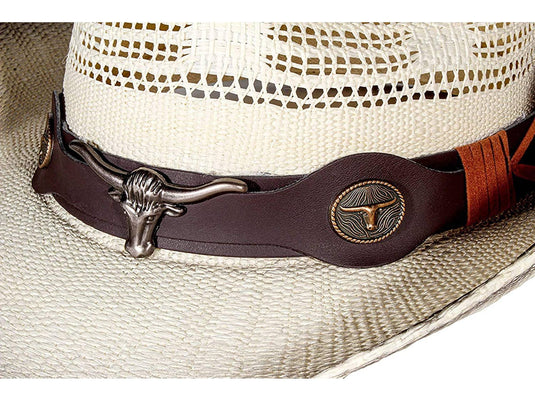 Close-up view of a brown band with an ornament of a white cowboy hat.