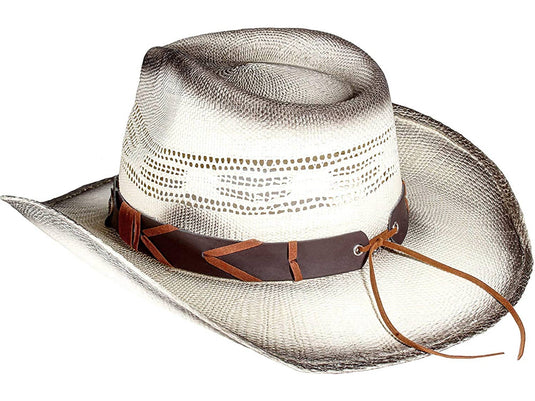 View of a white straw cowboy hat with a brown band from behind facing left.