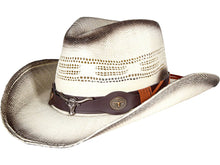 Load image into Gallery viewer, White cowboy hat with a  brown band facing left.
