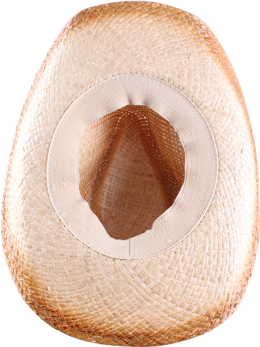 View of a straw cowboy hat with circular bead from the bottom.