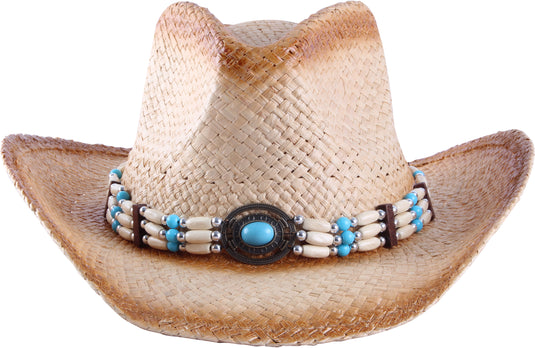 Straw cowboy hat with circular bead facing front.