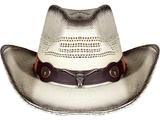 White straw cowboy hat with a brown band facing front.