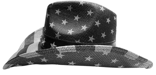 Side-vew of a black and white American flag cowboy hat.