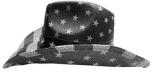 Load image into Gallery viewer, Side-vew of a black and white American flag cowboy hat.
