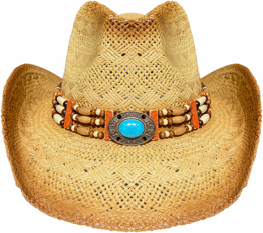 Beige straw cowboy hat with blue bead facing front.