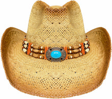 Load image into Gallery viewer, Beige straw cowboy hat with blue bead facing front.
