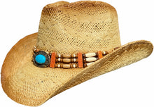 Load image into Gallery viewer, Beige straw cowboy hat with blue bead facing left.
