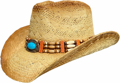 Beige straw cowboy hat with blue bead facing left.