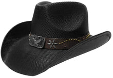 Load image into Gallery viewer, Black straw cowboy hat facing left.
