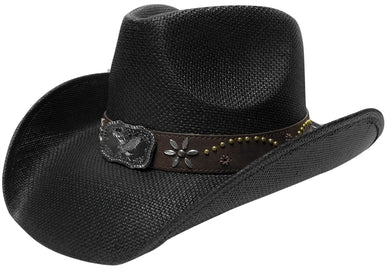 Black straw cowboy hat facing left.