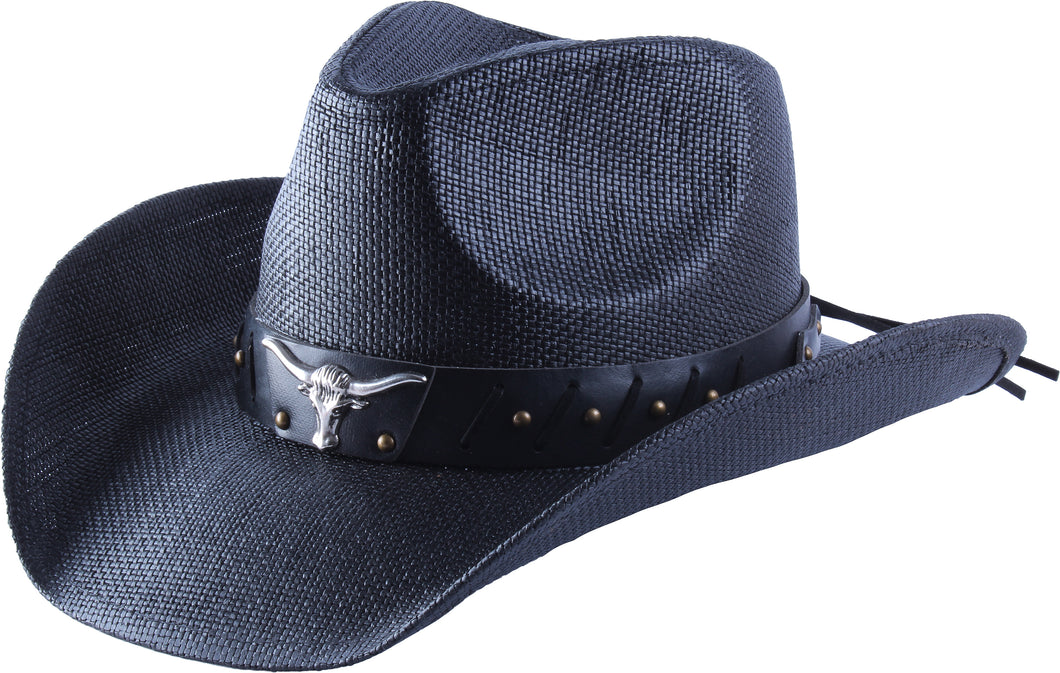 Black straw cowboy hat facing left.