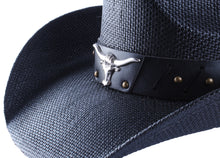 Load image into Gallery viewer, Close-up view of the ornament on a black cowboy hat.
