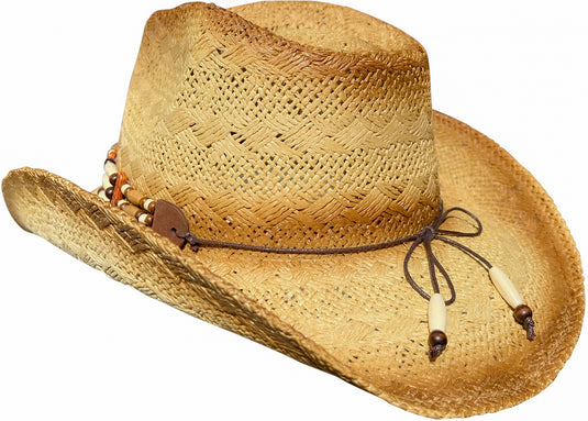 View of beige straw cowboy hat with blue bead from behind facing left.