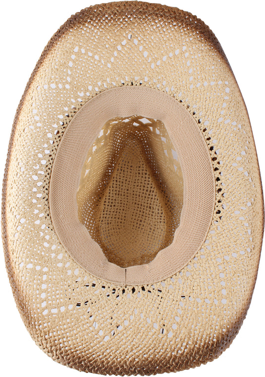 View of a beige cowboy hat with circular beads from the bottom.