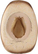 Load image into Gallery viewer, View of a beige cowboy hat with circular beads from the bottom.
