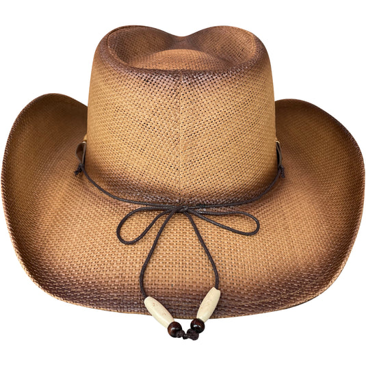 View of a brown cowboy hat from behind.