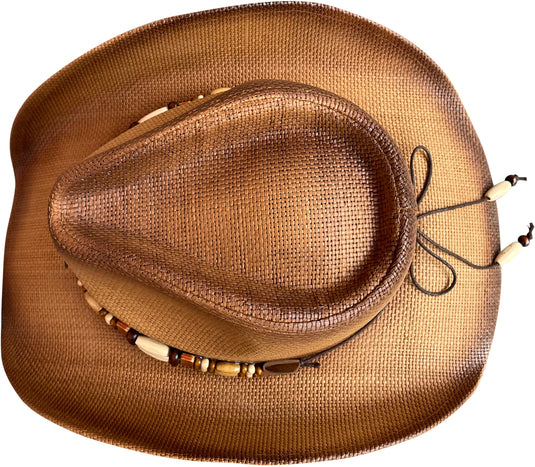 A top-down view of a brown cowboy hat.