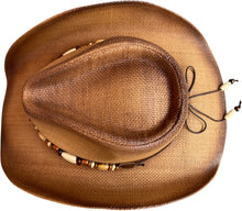 Load image into Gallery viewer, A top-down view of a brown cowboy hat.

