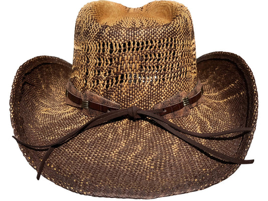 Brown cowboy hat facing behind.