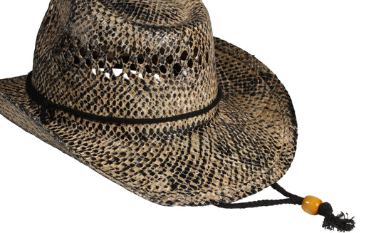 View of a brown straw cowboy hat from behind facing left.