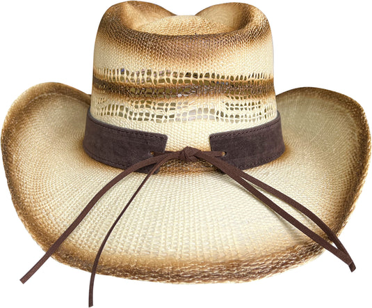 Beige straw cowboy hat with circular bead facing behind.