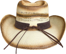 Load image into Gallery viewer, Beige straw cowboy hat with circular bead facing behind.
