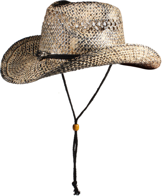 Brown straw cowboy hat facing left with strap.